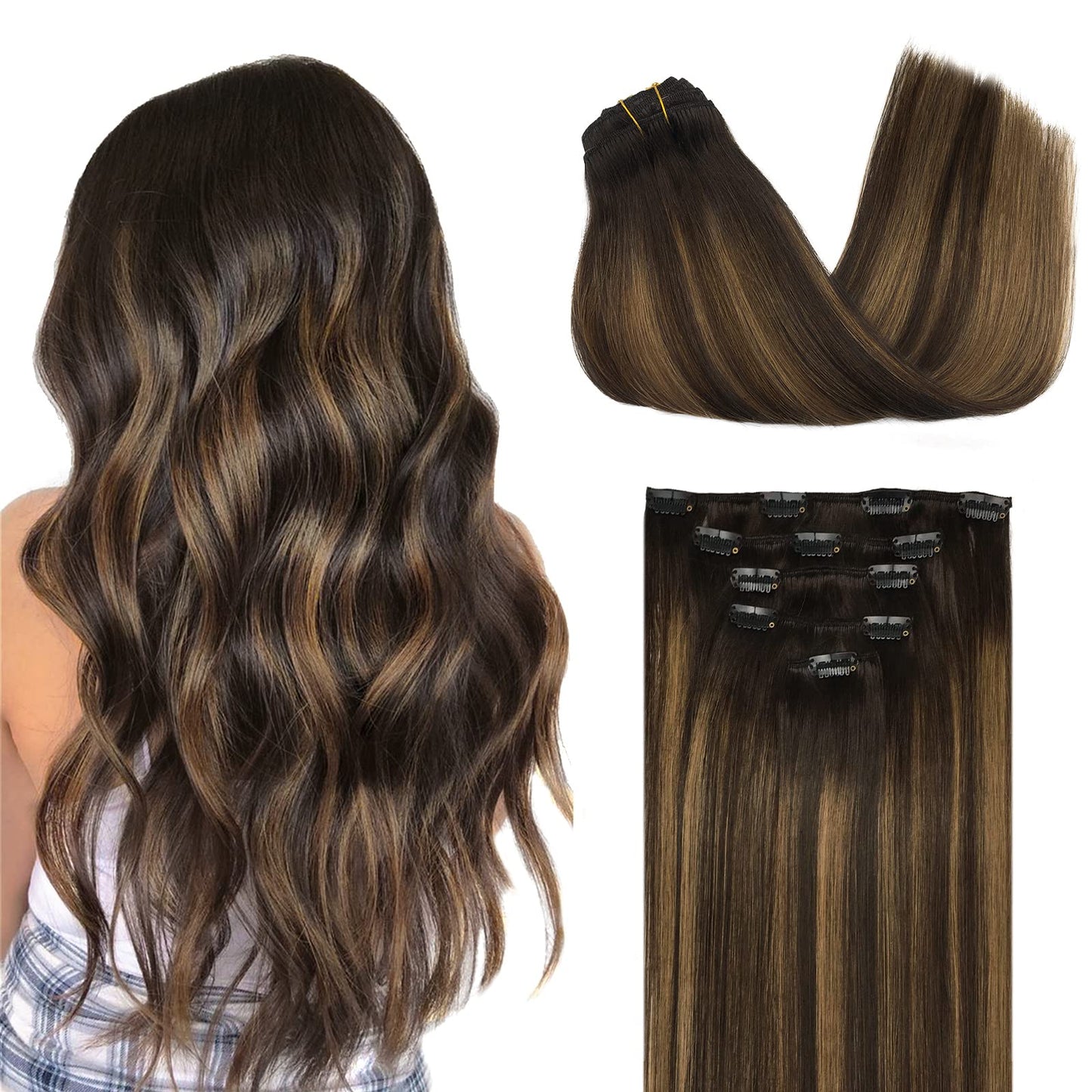 Doores Hair Extensions Clip In Human Hair, 5Pcs 80G 18 Inch Balayage Dark Brown To Chestnut Brown Clip In Human Hair Extensions