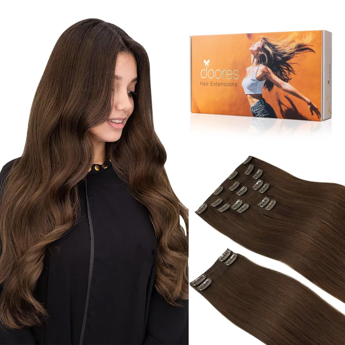 Doores Hair Extensions Real Human Hair, Chocolate Brown 150G 9Pcs 24 Inch, Hair Extensions Clip In Remy Hair Extensions Clip In