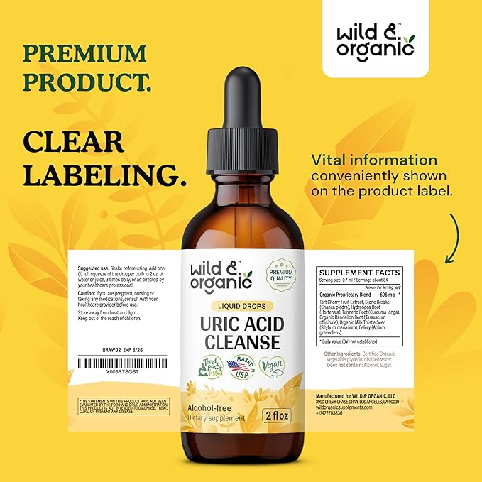 Wild & Organic Uric Acid Cleanse Drops - Tart Cherry, Turmeric, Chanca Piedra Stone Breaker Complex for Kidney Cleanse - Uric Acid Support Supplement - Vegan, Sugar & Alcohol-Free Tincture - 2 oz