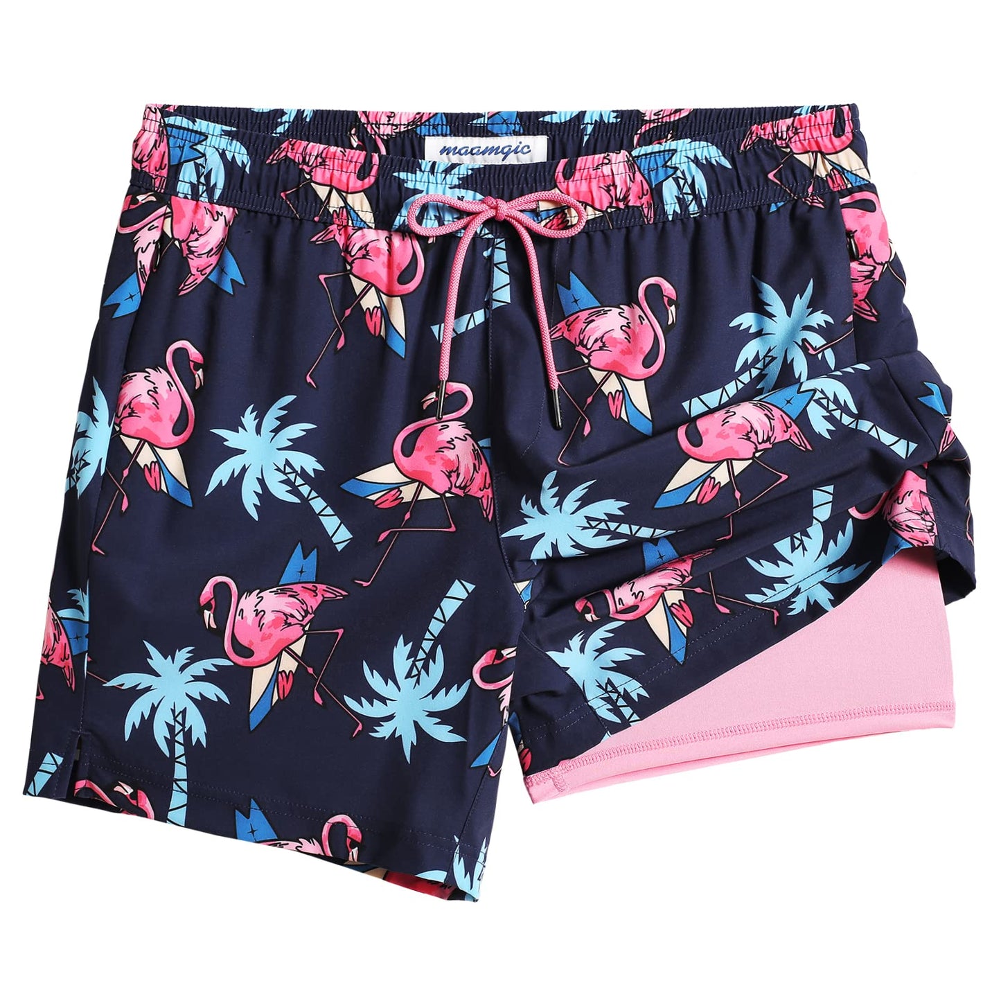 maamgic Mens Swim Trunks with Compression Liner 5" Stretch Beach Shorts Quick Dry with Zipper Pockets No-Chafing Board Shorts Navy-Flamingo Palm XS
