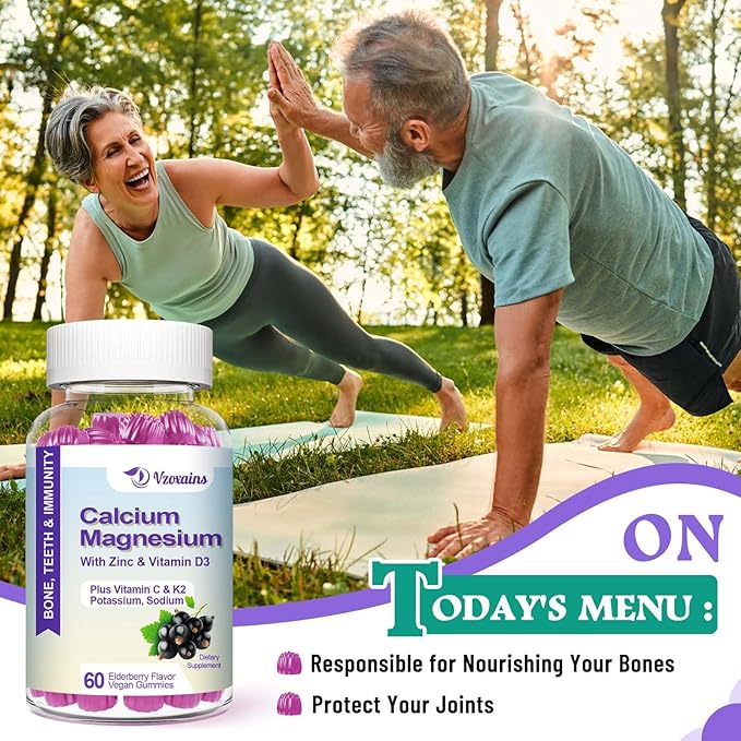 High Absorption Calcium Gummies, Sugar Free Calcium Magnesium Supplement with Potassium Vitamin D3 for B0ne & Teeth Strength, Muscle Function - Vegan, Elderberry Flavor 120 Cts