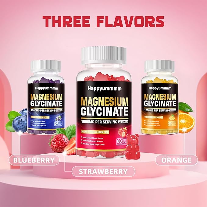 Magnesium Glycinate Gummies 1000mg - Sugar Free Magnesium Potassium Supplement with Vitamin D, B6, CoQ10 for Calm Mood & Sleep Support - 120 Strawberry Gummies