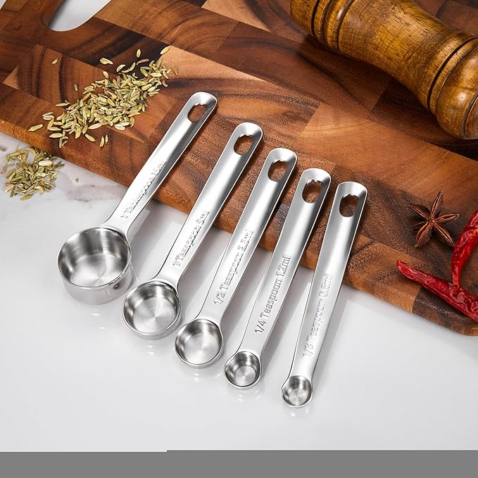 KEAWELL Premium 5-Piece 18/10 Stainless Steel Measuring Spoons Set β Durable, Stackable, Dishwasher Safe β Nesting Design for Baking & Cooking (Silver, 5PC Measuring Spoons)