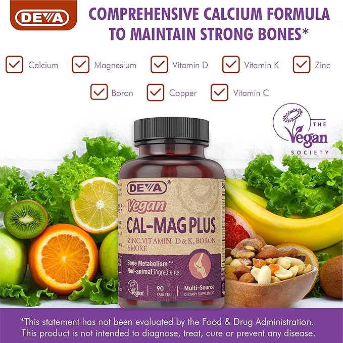 DEVA Vegan Calcium Magnesium Supplement Plus, Zinc, Vitamin C, Vitamin D, Vitamin K, Boron, Sugar Free & Gluten Free, 90-Tablets
