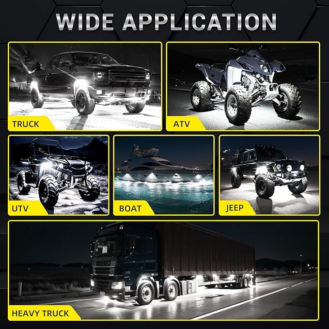 6 Pods Metal LED White Rock Lights for ATV SUV UTV RZR Car Trailer Truck Offroad, Alloy 6000K 24 LEDs Pure White Neon Underglow Light with Switch Extension Harness Under Trail Rig Fender Lighting