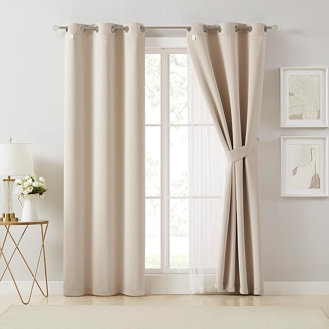 Bujasso Beige Moderate Blackout Curtains with Sheer Overlay Mix and Match Double Layer Thermal Insulated Window Panels 72 inch for Bedroom Beige Drapes with Tiebacks Grommet Top 37" Wx72 Lx2