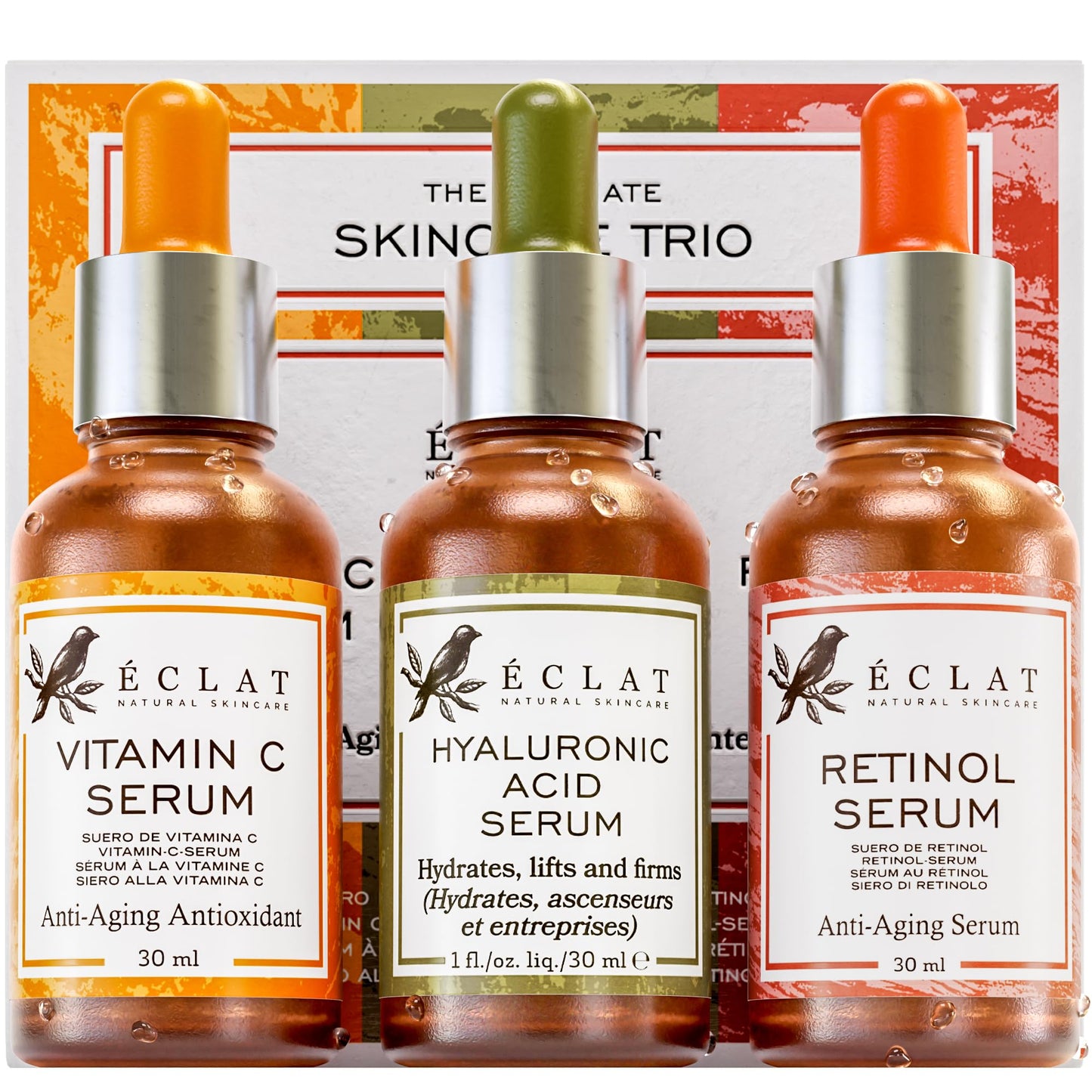 Eclat Skincare 3-Pack Face Serums - Vitamin C, Hyaluronic Acid, Retinol For Anti-Aging, Hydrating Care