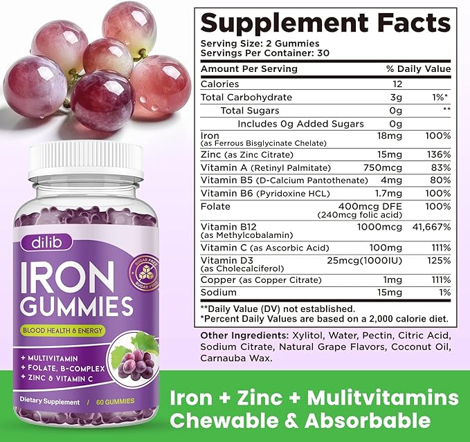 Iron Gummies with Multivitamin, Iron Supplement for Women & Men with Zinc, Vitamin B Complex & C, B12, Folate - Blood Builder & Energy Support for Adults & Kids - Grape Flavor, Vegan 60 Gummies
