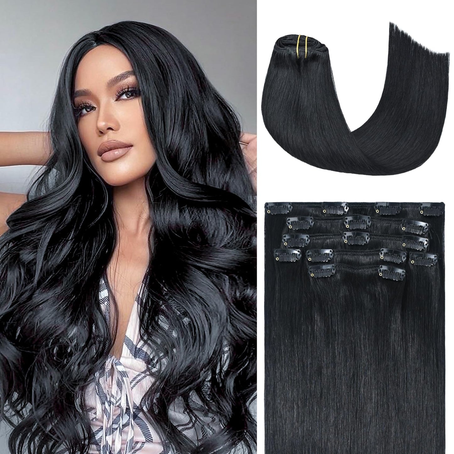 Honsoo Jet Black Clip In Hair Extensions Real Human Hair 18In 70G 7Pcs Vrigin 9A Natural Hair Remy Human Black Hair Extensions F