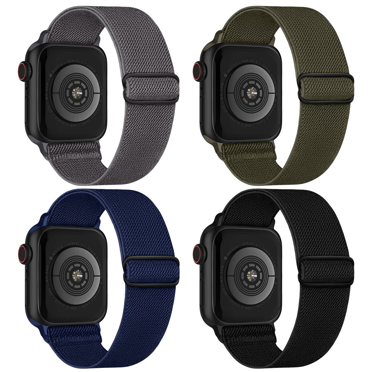 Stretchy Nylon Solo Loop Bands Compatible with Apple Watch 38mm 40mm 41mm 42mm 44mm 45mm 49mm, Sport Elastic Wristbands Women Men Straps for iWatch Series 9/8/7/6/5/4/3/2/1/SE/Ultra/Ultra 2, 4 Pack
