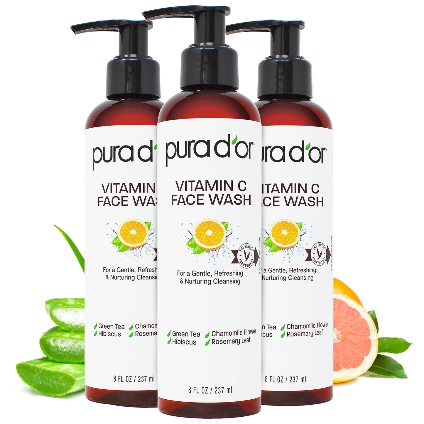 Pura D'Or Vitamin C Face Wash (8Oz X3 = 24Oz) Antioxidant Rich Facial Cleanser For Radiant Glow & Even Skin Tone - Gentle, Refre