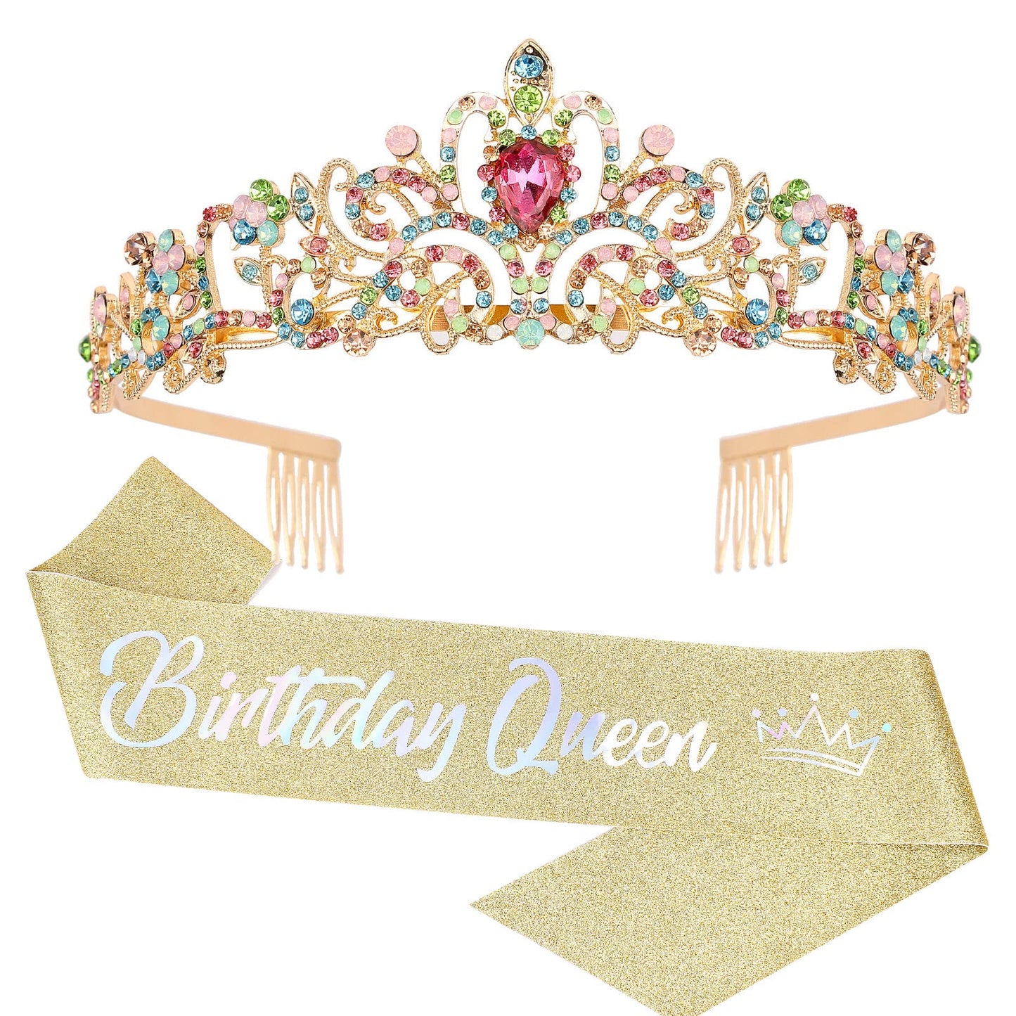 Cocide ''Birthday Queen'' Sash And Crystal Tiara Set Tiara And Crowns For Women Birthday Gift For Girl Kit Decorations Set Rhine