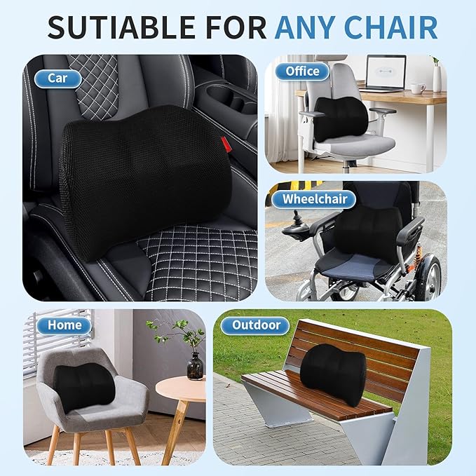 Lumbar Support Pillow for Car, Memory Foam Back Support Lumbar Pillow for Car, Gaming, Office Chair, Ergonomic for Lower Back Pain Relief, Softness Breathable Removable Mesh Cover, Black