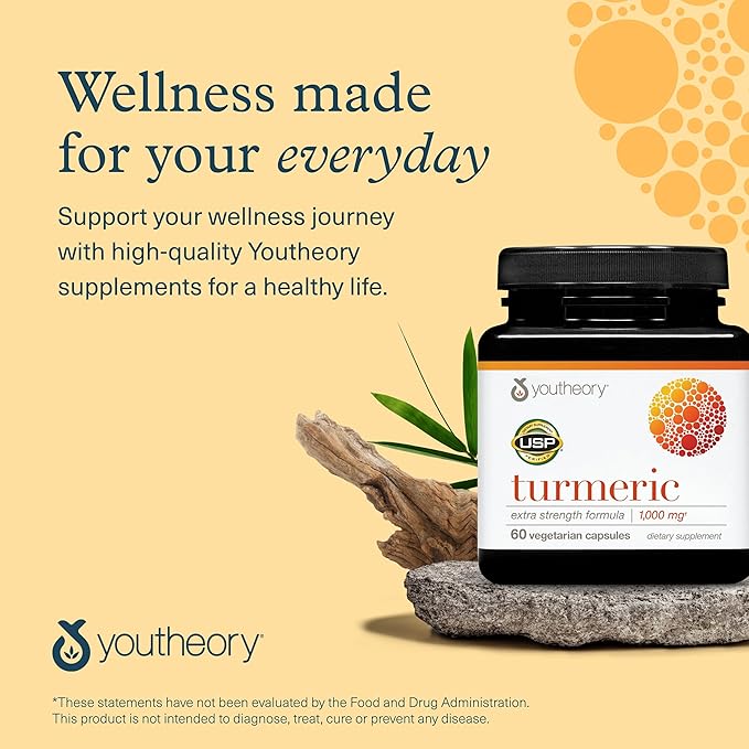 Youtheory Turmeric Extra Strength - 1,000 mg Turmeric Supplement - with 10 mg Black Pepper - Curcumin Joint Support* - Soy, Dairy & Gluten Free - 60 Vegetarian Capsules