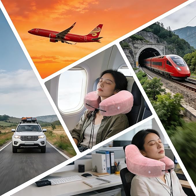 H-Shaped Travel Pillow with Snap-On Hood β Ergonomic Neck Support with Plush Velvet Cover, Instant Inflation & Compact Bag β for Airplane, Car, Office & Long Trips (Red)