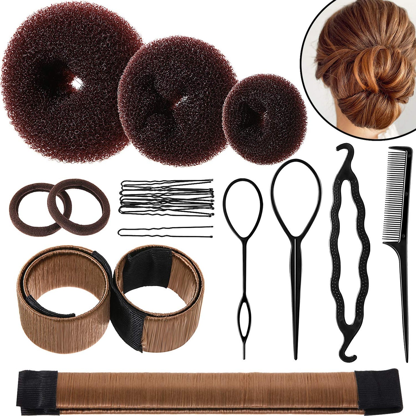 Bun Shaper Set with Donuts, Markers, Ponytail Tools, Bobby Pins, and Elastic Bands for Women and Kids