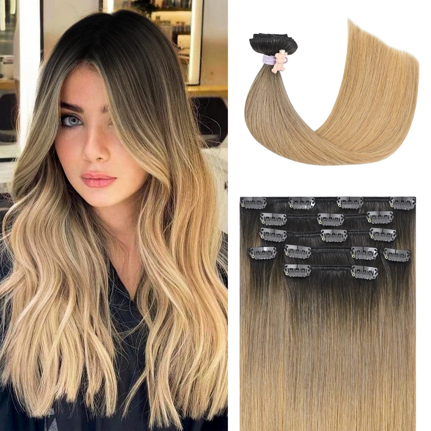 Honsoo Real Human Hair Extensions Clip Ins Medium Length 18In Dark Brown To Chestnut Brown Fading To Honey Blonde 70G 7Pcs Two P