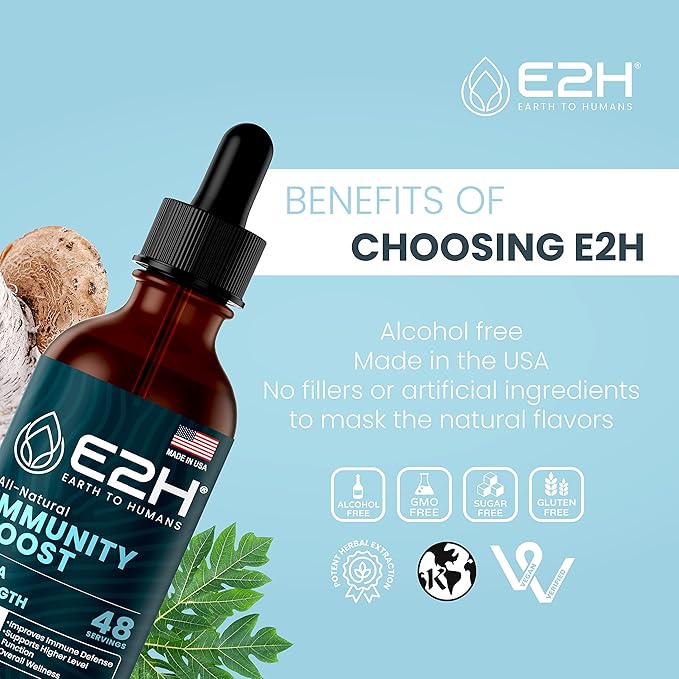 E2H Advanced Immune Defense Supplement - All-Natural Immune Booster - Immune Support Supplements Drops - Contains Holy Basil, Papaya Leaves and Red Banded Polypore - Non-GMO, Vegan - (3 Bottles)