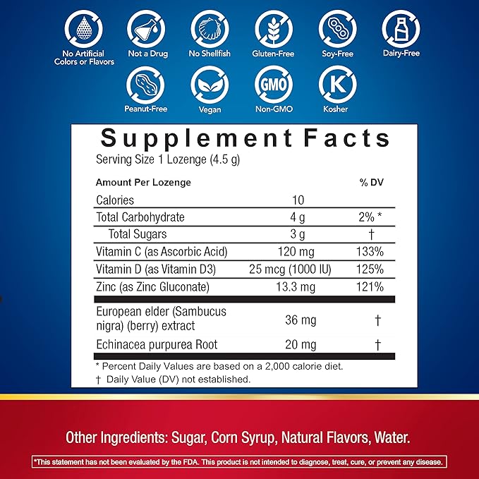 Defend-EEZE Immune Support Dietary Supplement Lozenges, 100% Daily Value of Zinc, Vitamins C & D per Dose, with Echinacea & Elderberry, Elderberry Flavor, 30 Lozenges