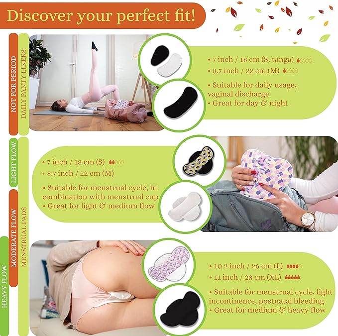 Non-Slip Organic Reusable Period Pads for Heavy Flow & Incontinence (L+XL, 6-Pack); High-Temp Cotton Washable Cloth Pads for Women; Non-Irritating, Soft Reusable Pad Menstrual for Comfortable Care