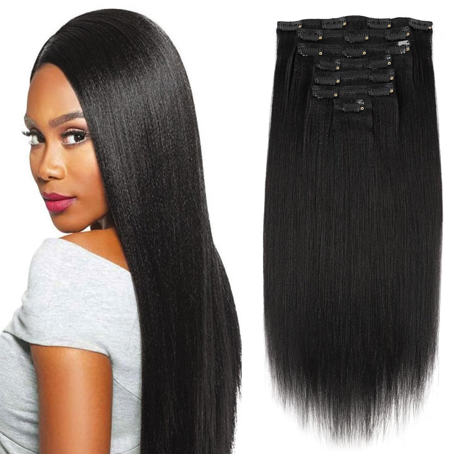 Sassina Real Remy Thick Yaki Straight Clip In Virgin Human Hair Extension Natural Black Double Wefts For African American Black