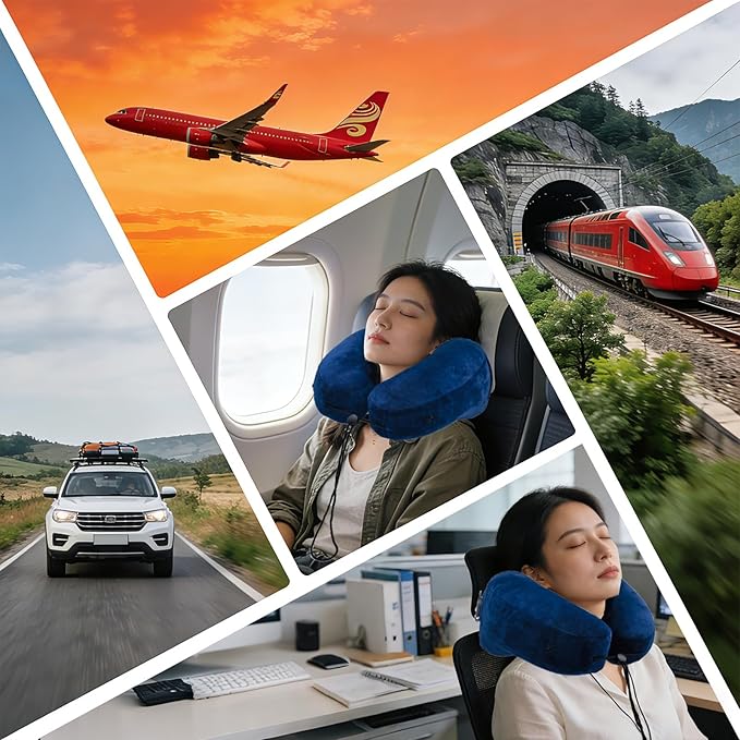 H-Shaped Travel Pillow with Snap-On Hood β Ergonomic Neck Support with Plush Velvet Cover, Instant Inflation & Compact Bag β for Airplane, Car, Office & Long Trips (Blue)