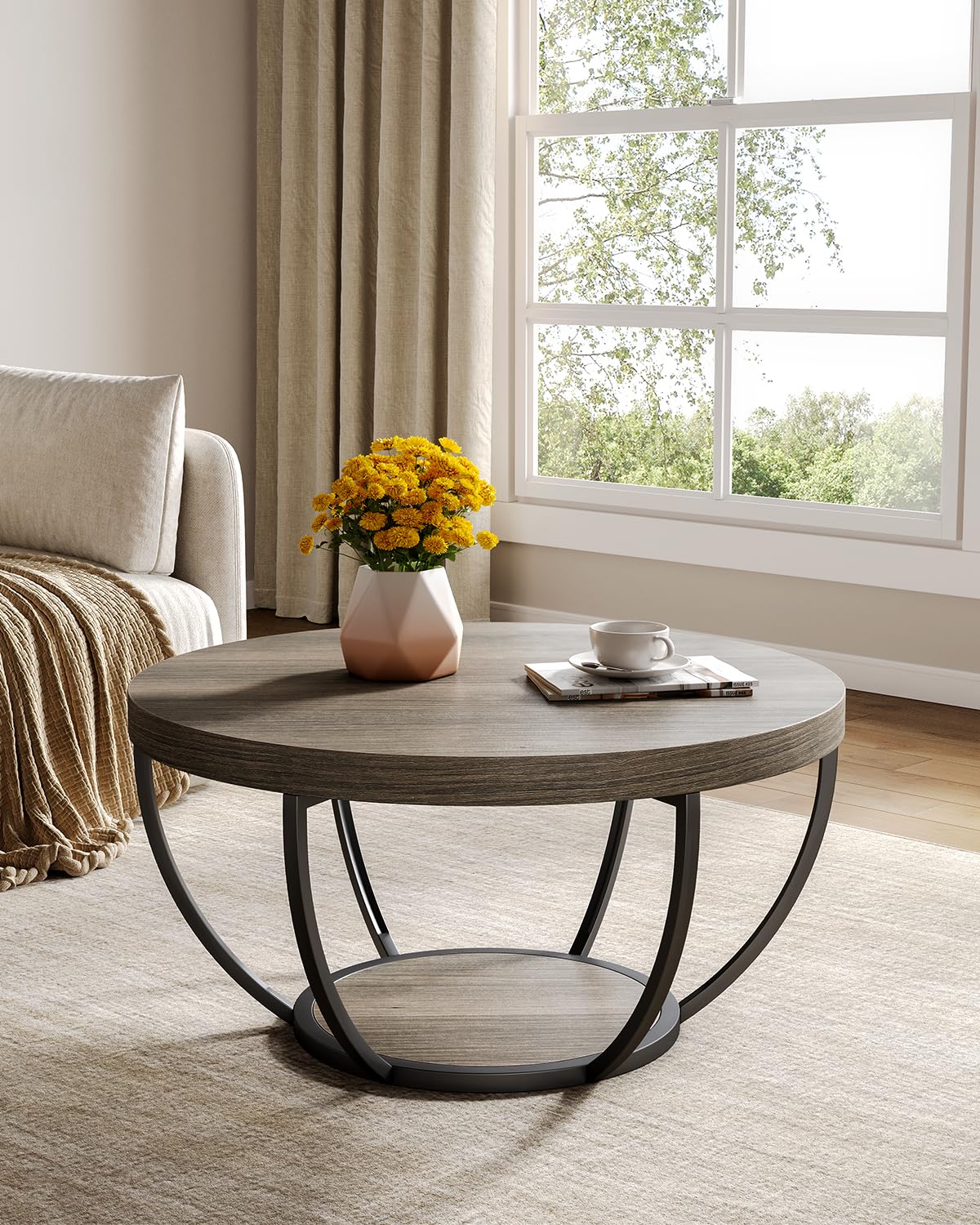 LITTLE TREE Round Coffee Table, 32" Circle Coffee Table for Living Room, 2-Tier Wood Accent Center Table with Open Storage Industrial Design Home Furniture (Grey and Black)