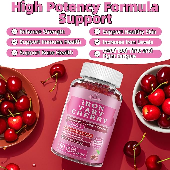 Tart Cherry Iron Supplement for Women & Men, Iron Gummies with Calcium, Zinc, Folate & Vitamin C & B12 for Immune Support, (60 Count) - Sugar Free,Vegan