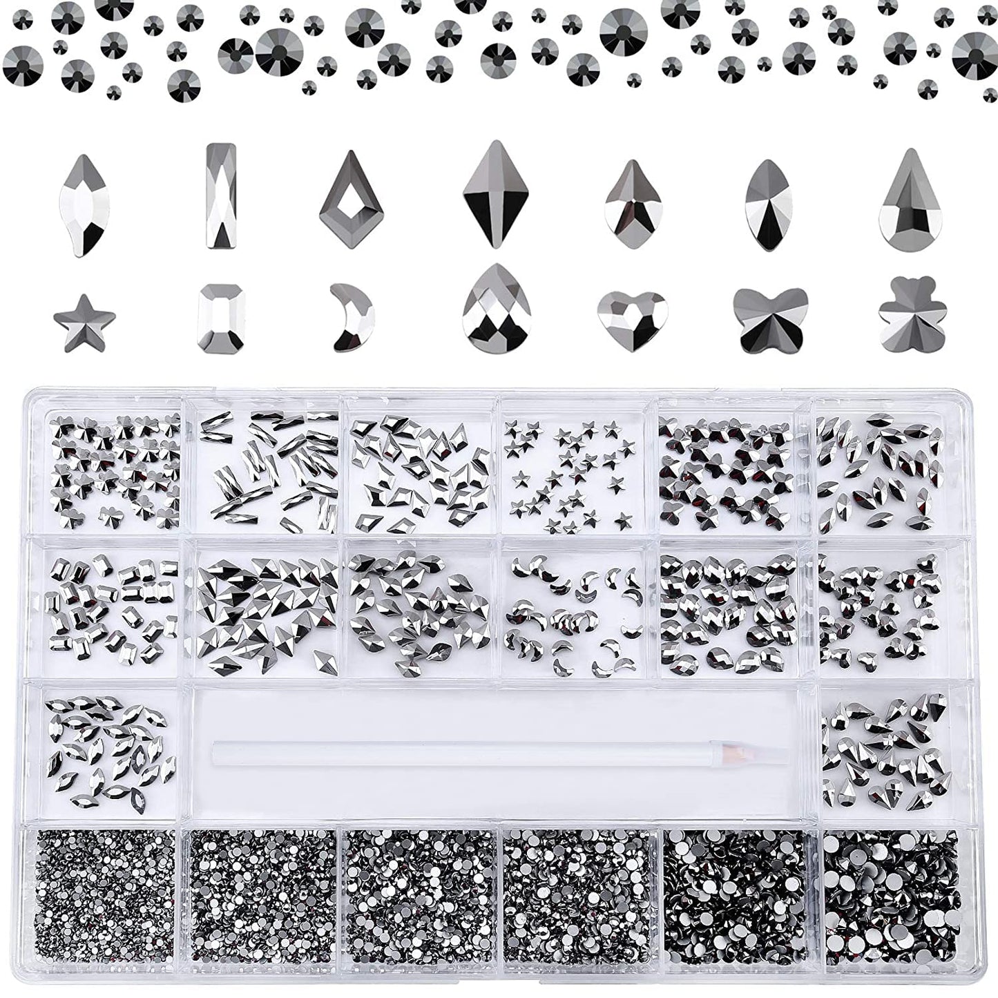 Nibiru 3830Pcs Mineral Black Multi Shapes Rhinestones Glass Diamonds Kit For Nail Art Jewels Decoration,Shiny Flatback Mix Size