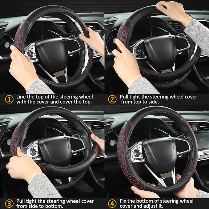 West Llama Customized Auto Car Steering Wheel Cover for Jeep Grand Cherokee,Wrangler,Compass,Gladiator,Cherokee 14.5-15 inches(Diamond Quilted-Black+Red-Standard Size)