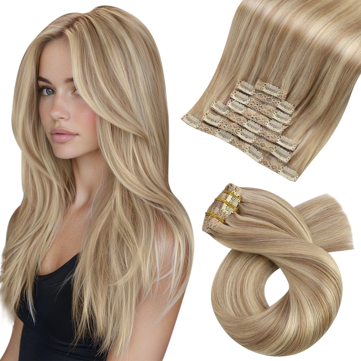Moresoo Blonde Clip In Hair Extensions Highlights Silk Straight Double Weft Human Hair Clip In Extensions Dark Ash Blonde With G