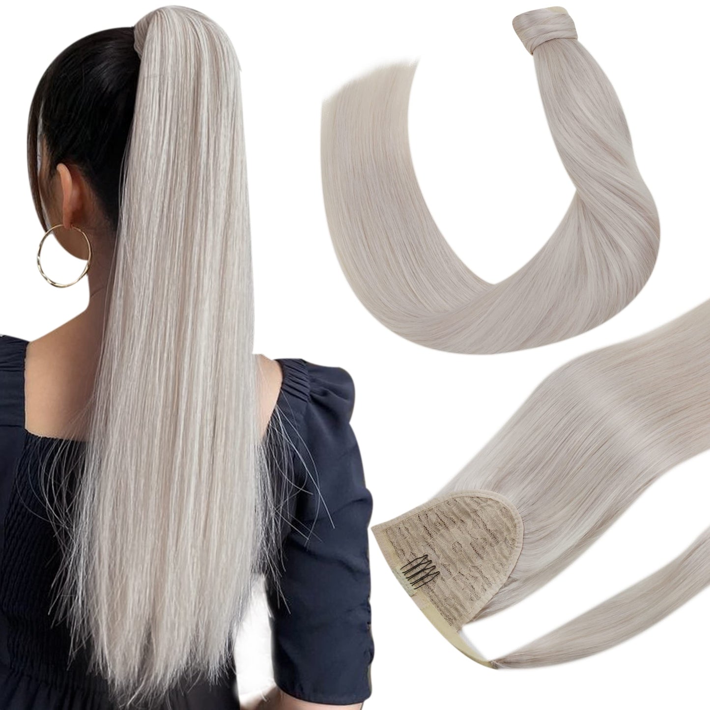 Hetto 20 Inch Ponytail Hair Extension Human Hair Blonde Clip In Ponytail Human Hair Extensions #60 Platinum Blonde Pony Tails Ha