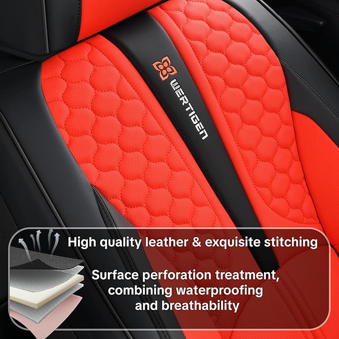 Car Seat Cover Set, Red Automotive Interior Accessories, Universal Fit, with Lumbar Support, Premium Nappa Leather, Waterproof, Non-Slip, Easy Installation, Fits SUVs, Pickups, Sedans