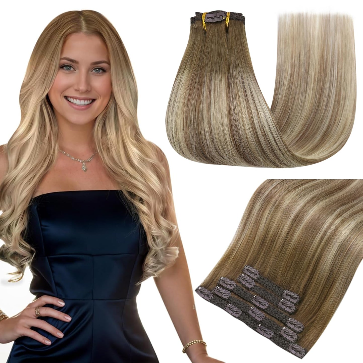 Easyouth Clip In Hair Extensions Real Human Hair Balayage Hair Extensions Clip Ins Dark Brown Fading To Brown And Blonde Clip In