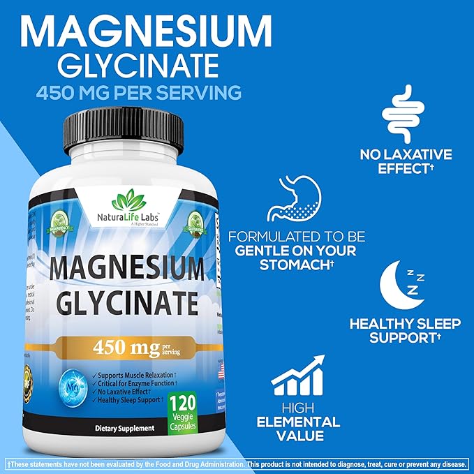 Magnesium Glycinate 450 MG No Laxative Effect - Vegan - Helps Function of Muscles, Bones, Non-GMO - 120 Veggie Capsules