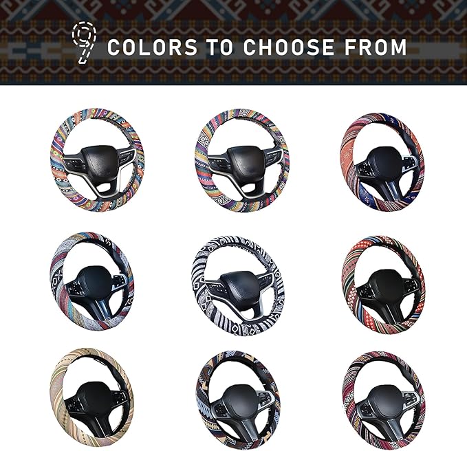 Boho Steering Wheel Cover, 15.0"×15.0" Anti-Slip Baja Blanket Ethnic Steering Wheel Protector, Breathable Flax Cloth Elastic Bohemian Steering Wheel Cover, Car Accessories (Style A)