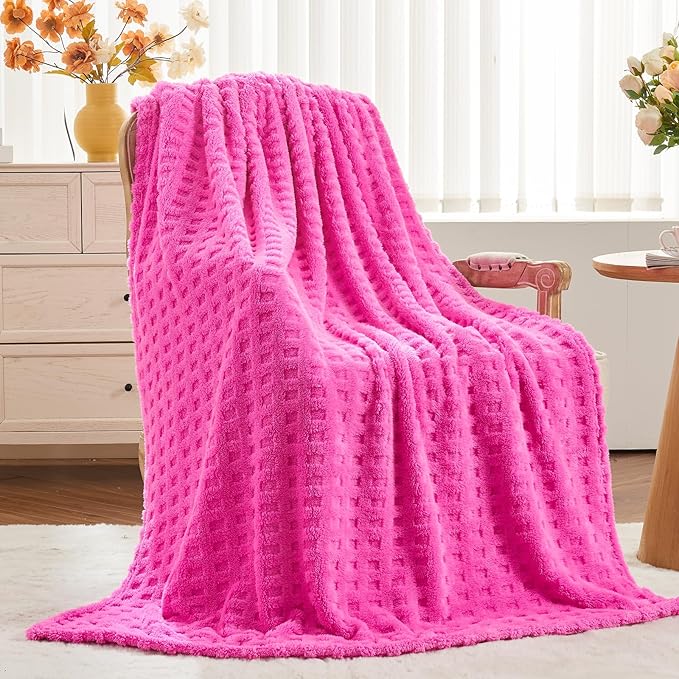 NEWCOSPLAY Super Soft Queen Blanket Pink Premium Silky Flannel Fleece 3D Waffle Checkered Lightweight Bed Blanket All Season Use (Hot Pink, Queen(90"x90"))
