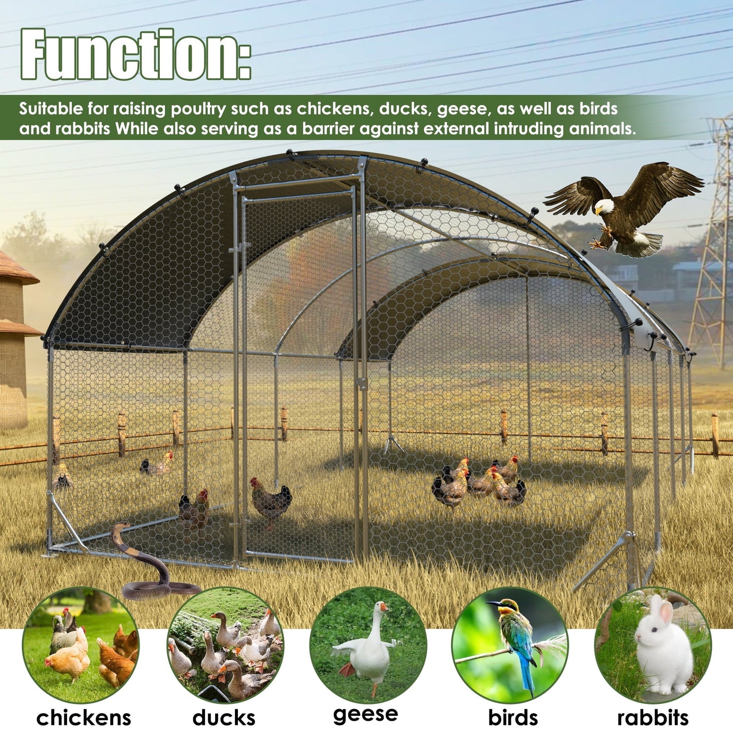 Large Metal Chicken Coop, Outdoor Walk-in Poultry Cage, Tri-Supporting Wire Mesh Chicken Pen With Water-Resident Cover for Outdoor Backyard Farm, 9.2'Wx24.9'Lx6.5'H