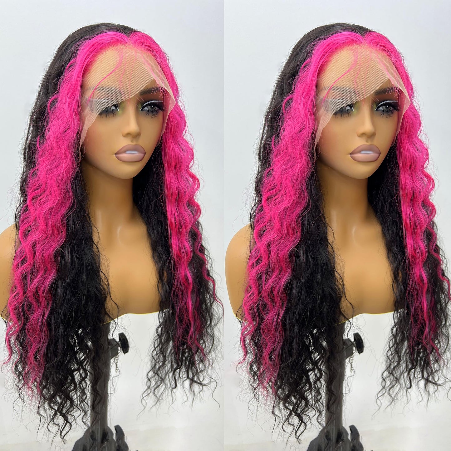 Giannay Hot Pink Streak Wigs Pink And Black Lace Front Wigs Curly Synthetic Wig For Women 24-26 Inch