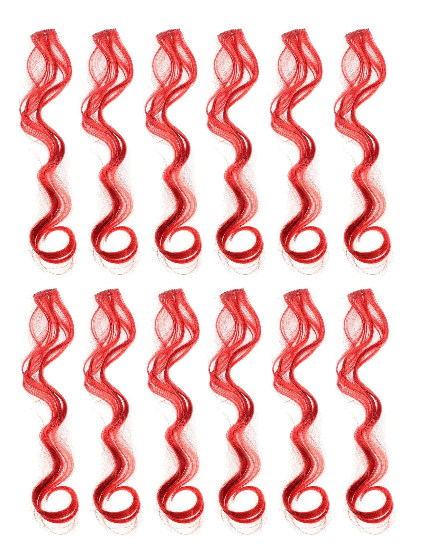 Swacc 12 Pcs Curly Wavy One Color Party Highlights Clip On In Hair Extensions Colored Hair Streak Synthetic Hairpieces (Red)