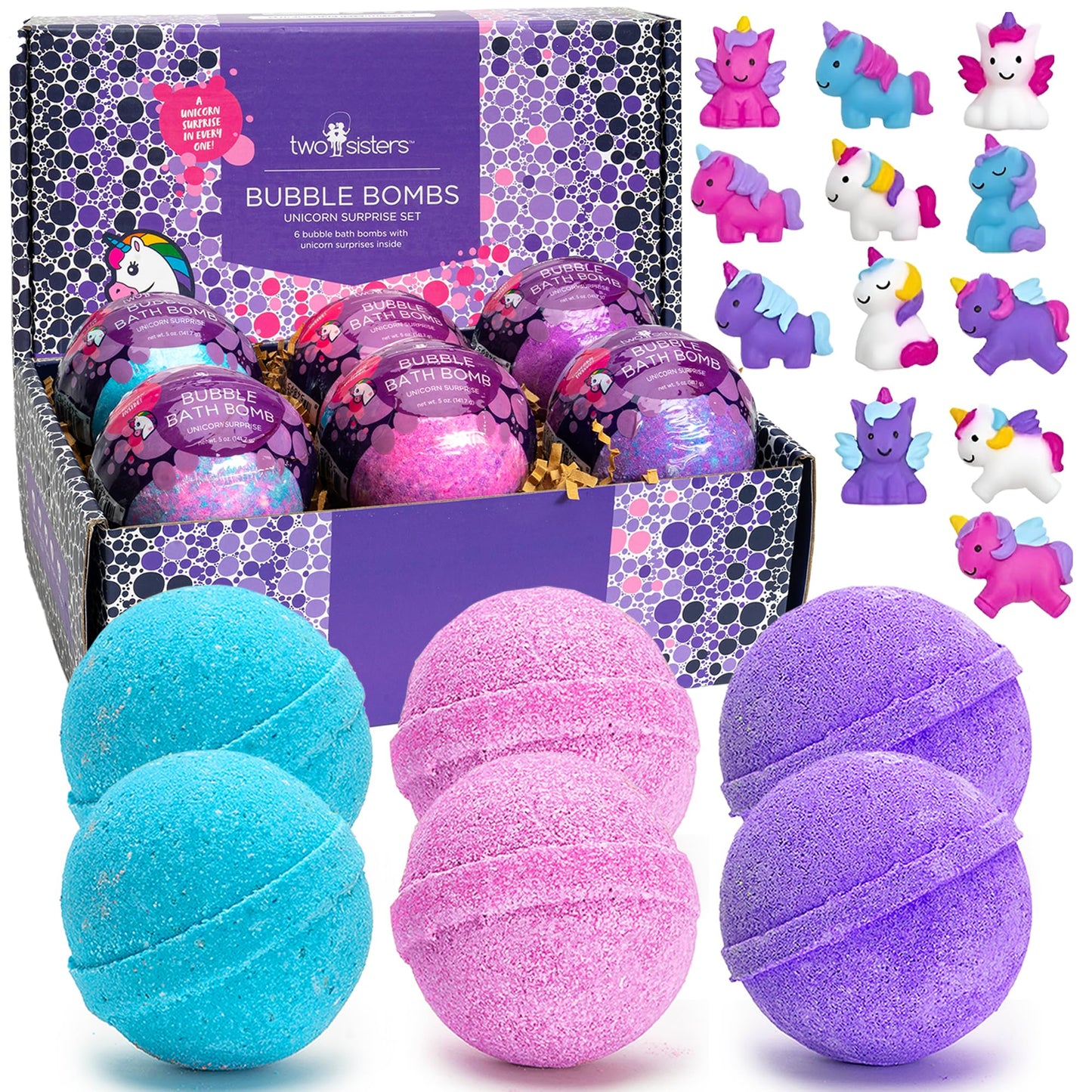 Unicorn Bath Bombs for Girls with Surprise Toys Inside (6 Pack) - Large Bubble Bomb for Kids, Gentle and Safe, USA Made, Fizzies, Fruity Scents, Won't Stain Tub - Ideal Gift by Two Sisters