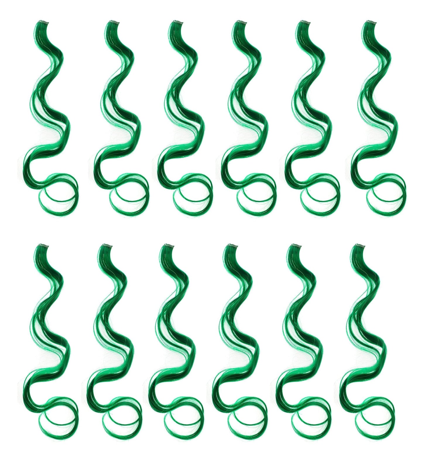 Swacc 12 Pcs Curly Wavy One Color Party Highlights Clip On In Hair Extensions Colored Hair Streak Synthetic Hairpieces (Green)