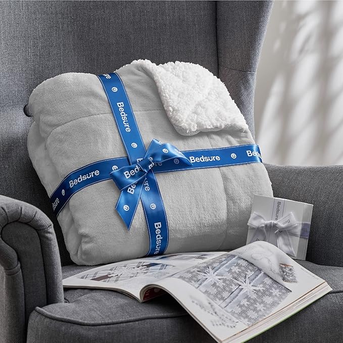 Bedsure Sherpa Fleece Throw Blanket Twin Size for Couch - Thick and Warm, Soft Fuzzy Plush Twin Blanket for Winter, Light Grey, 60x80 Inches
