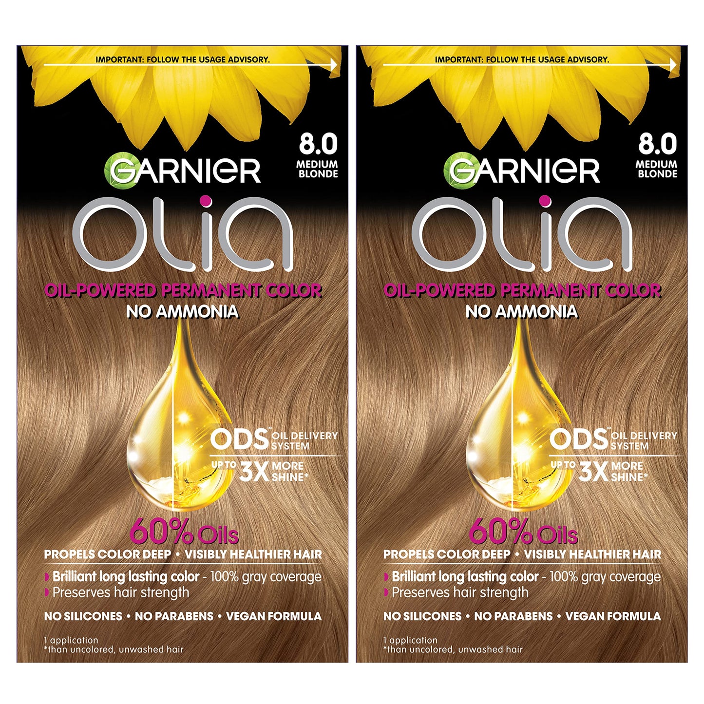 Garnier Hair Color Olia Ammonia-Free Brilliant Color Oil-Rich Permanent Hair Dye, 8.0 Medium Blonde, 2 Count (Packaging May Vary