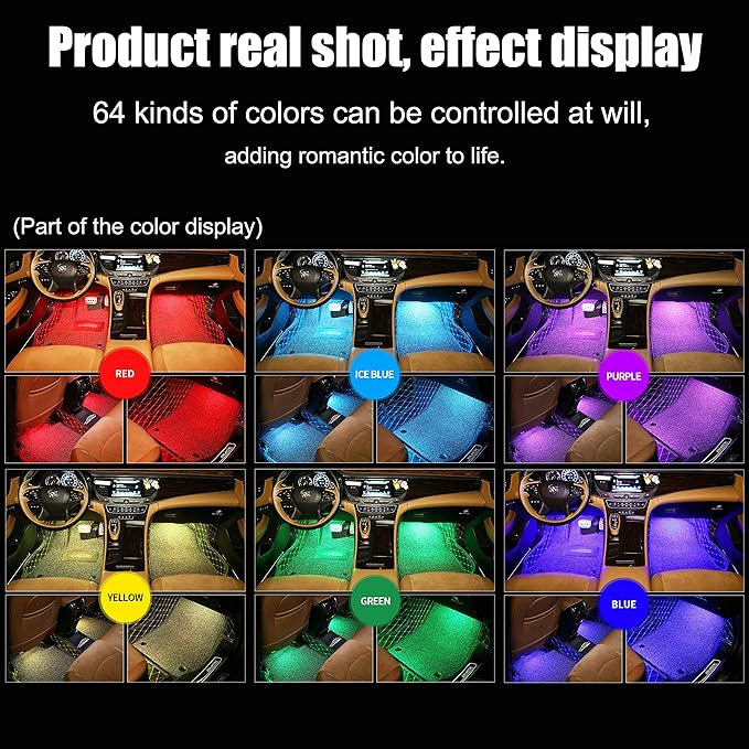 Car Ambient Lighting 64 Colors Multicoloured Music Footwell Lighting RF Remote Controller + APP Control Car DIY Decorative Atmosphere Lighting Kit DC 12V 1W