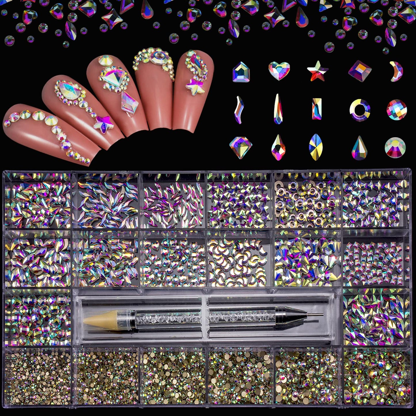Nail Art Rhinestones Kit Huetfat 8400Pcs Multi Shapes Glass Crystal Ab Nail Stones Nail Jewels Flatback Nail Gems Rhinestones Pa