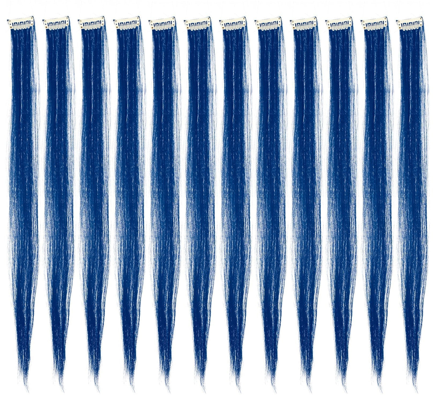 Swacc 12 Pcs Straight One Color Party Highlights Clip On In Hair Extensions Colored Hair Streak Synthetic Hairpieces (Blue)