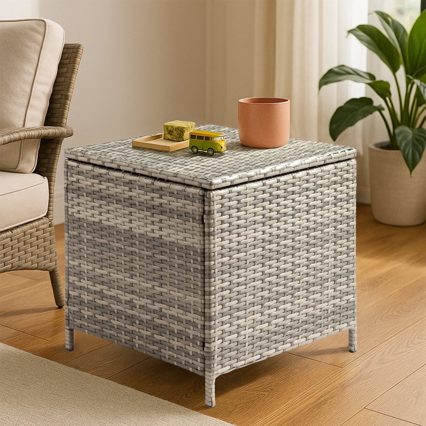 BAYUELSWU Outdoor Side Table with Storage, 27 Gallon Wicker Outdoor Side Table, Rattan Coffee Table All-Weather for Patio, Porch, Lawn (Grey)