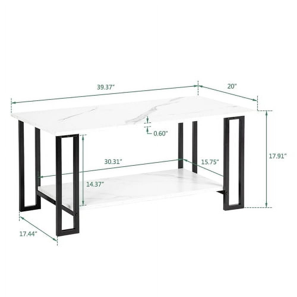 Coffee Table, 2 Layers 1.5Cm Thick Marble Mdf Rectangle 39.37" L Tabletop Iron Coffee Table , Dining Room, Coffee Shop, Resterant, White Top, Black Leg