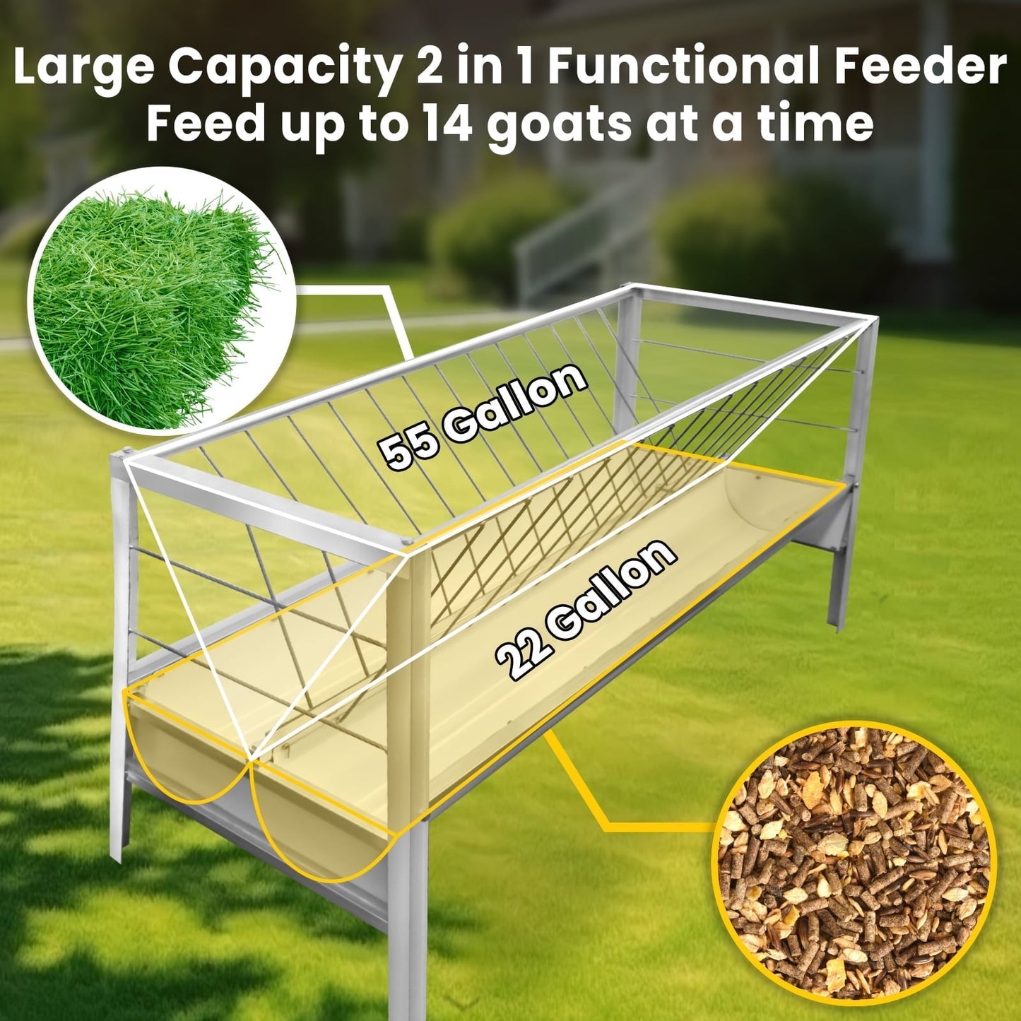 Large 77 Gallon Goat Hay Feeder - 2-in-1 Galvanized Steel Livestock Feeder for Horses, Sheep & Farm Animals - Heavy Duty Spill-Proof Design